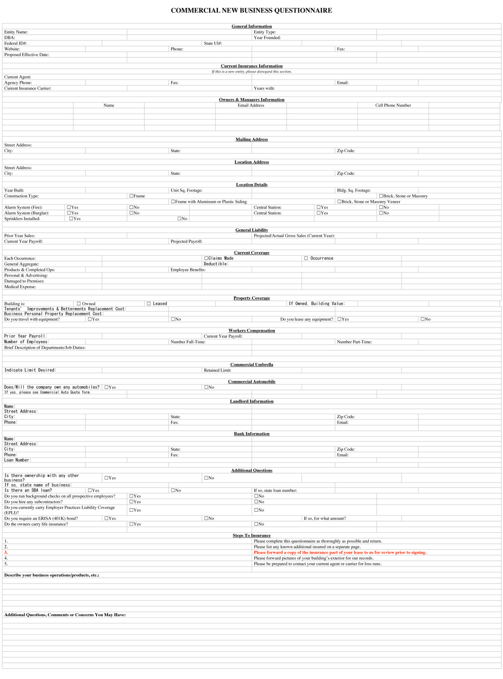 Schneider Insurance  Services - Commercial New Business Questionnaire